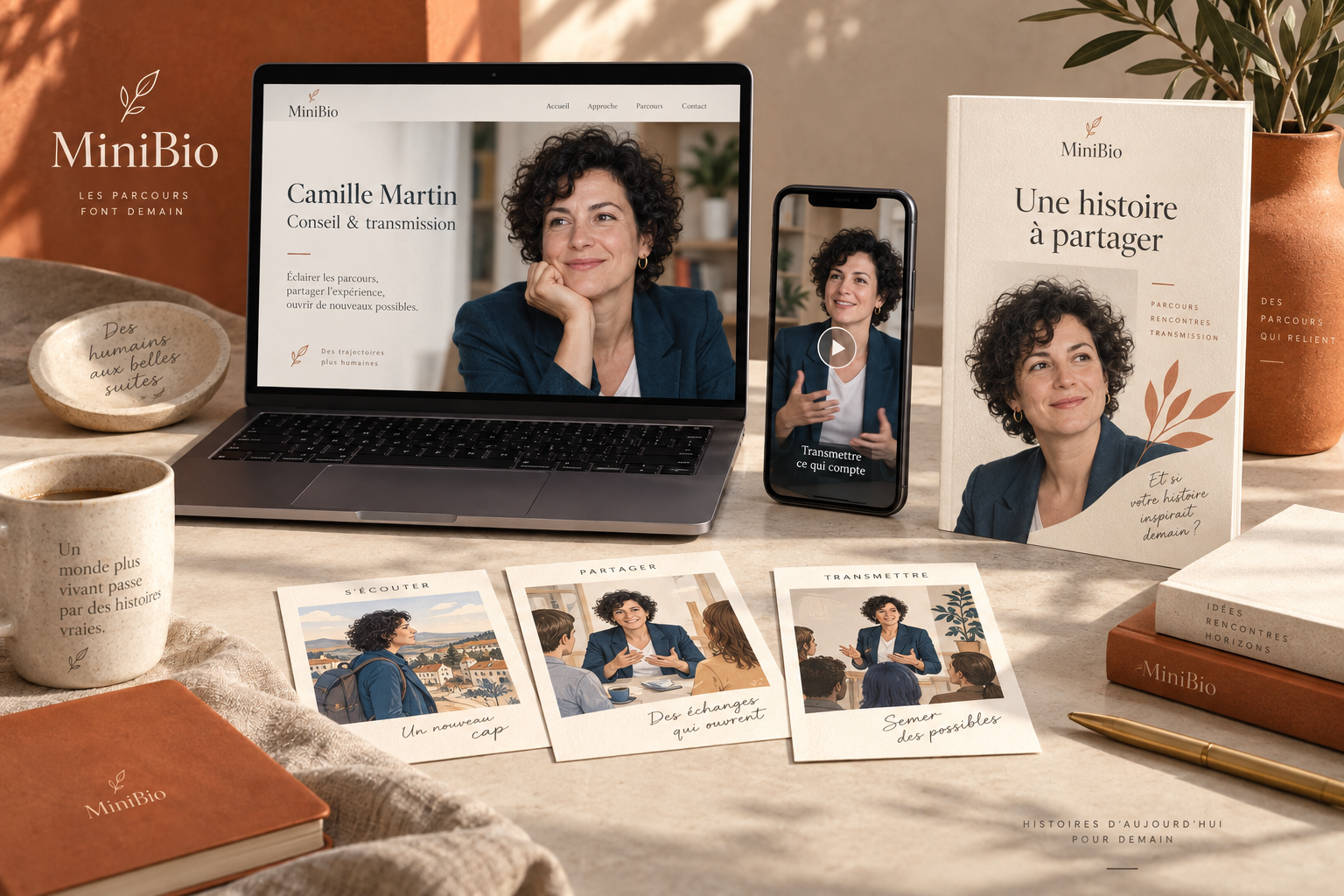 Mise en scène conceptuelle d’une présentation professionnelle sur ordinateur, téléphone et livre imprimé.